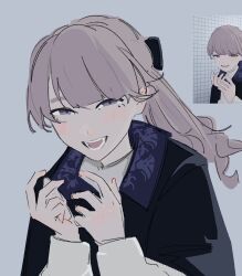 Rule 34 | 1girl, black ribbon, brown hair, commentary, english commentary, evninrain, grey background, hair ribbon, hands up, highres, lapwing (vrchat), laughing, long hair, looking at viewer, open mouth, purple eyes, ribbon, screenshot inset, simple background, solo, teeth, upper body, vrchat