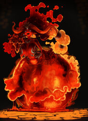 1girl absurdres black_background black_sclera breasts colored_sclera colored_skin earrings ekrea_jan fiery_hair fire full_body gradient_hair grey_eyes highres jewelry large_breasts lava long_hair looking_at_viewer monster_girl multicolored_hair multiple_rings orange_hair original pointy_ears red_hair red_skin ring slime_girl solo very_long_hair
