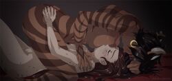2girls animal_ears black_hair breast_sucking breasts brown_hair dark-skinned_female dark_skin earrings femdom ilia_amitola jewelry large_breasts long_hair multiple_girls navel nipples open_mouth rwby short_hair sienna_khan small_breasts spots tiger_ears tiger_stripes yaya_(y8ay8a) yuri