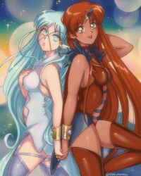 Rule 34 | 2girls, bishoujo senshi sailor moon, blue eyes, blue hair, boots, bracelet, brown eyes, brown hair, dark-skinned female, dark skin, female focus, holding hands, interlocked fingers, jewelry, lipstick, long hair, makeup, multiple girls, sailor aluminum seiren, sailor lead crow, smile, stone umbrella, thigh boots, twitter username, yuri
