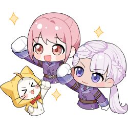 &gt;_&lt; 2girls ahoge animal arm_belt artist_request asymmetrical_bangs belt blue_necktie blue_sleeve_cuffs blush_stickers bow bowtie braid brown_belt brown_eyes cat chibi clenched_hands cloak closed_mouth clothed_animal coat collared_coat collared_shirt cropped_torso ear_covers fist_pump gloves guard&#039;s_resolve_(infinity_nikki) hair_tie half_up_braid happy highres hiya_(infinity_nikki) hood hood_up hooded_cloak infinity_nikki lapels long_hair looking_ahead low_ponytail momo_(nikki) multiple_belts multiple_girls navel necktie nikki_(nikki) nikki_(series) notched_lapels official_art open_mouth pale_skin pink_hair ponytail purple_coat purple_eyes red_bow red_bowtie red_necktie shirt smile sparkle striped_necktie tareme traditional_bowtie transparent_background two-sided_coat two-sided_fabric two-tone_necktie updo v-shaped_eyebrows whiskers white_cat white_gloves white_hair white_shirt yellow_cloak