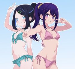 2girls alpaca_no_otouto aqua_bikini bikini blue_background blue_eyes blue_hair blush breasts cleavage cowboy_shot crossover female_focus frilled_bikini frills gradient_background grin hair_ornament hairclip highres hoshino_ai liko_(pokemon) long_hair medium_hair multicolored_hair multiple_girls navel nintendo oshi_no_ko pink_bikini pointing pokemon pokemon_(anime) pokemon_horizons ponytail purple_eyes purple_hair sidelocks simple_background small_breasts smile standing swimsuit textless_version two-tone_hair v