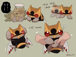 &gt;_&lt; ? a-nya afterimage animal_focus artist_name black_eyes blank_eyes bug closed_eyes cropped_torso disembodied_hand english_text full_body gen_3_pokemon green_background hands_on_own_head holding_hands looking_at_viewer lying meme_request motion_lines multiple_views nervous ninjask nintendo on_back pokemon pokemon_(creature) red_eyes scared shaking_head shedinja signature simple_background speech_bubble sweat tears trembling twitter_username upper_body