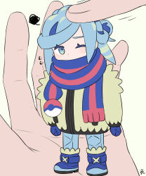 2boys blue_boots blue_hair blue_mittens blue_scarf boots eyelashes grusha_(pokemon) highres jacket long_sleeves male_focus medium_hair min_(myna8247) mini_person miniboy mittens multiple_boys nintendo one_eye_closed pants pokemon pokemon_sv scarf scarf_over_mouth signature squiggle standing striped_clothes striped_scarf white_background yellow_jacket