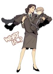 Rule 34 | 1boy, 1girl, ambulance00, animification, baggy pants, belt, black boots, black gloves, black shoes, blonde hair, blue eyes, blush, boots, brown eyes, brown hair, brown jacket, brown skirt, buttons, carrying, collared shirt, commentary request, english text, full body, gloves, green necktie, grey belt, hair between eyes, hands up, hetero, high heels, highres, jacket, lapels, long sleeves, looking at another, marvel, marvel cinematic universe, military jacket, military uniform, necktie, pants, peggy carter, princess carry, red lips, shirt, shoes, short hair, simple background, skirt, smile, standing, steve rogers, teeth, what if...? (disney+), white background, white shirt