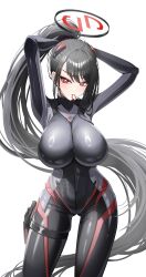 1girl absurdres arms_up black_bodysuit black_hair black_halo blue_archive bodysuit breasts commentary gluteal_fold gun hair_tie_in_mouth halo handgun hashtag-only_commentary high_ponytail highres holster huge_breasts impossible_bodysuit impossible_clothes large_breasts latex long_hair m1911 moragon584 mouth_hold official_alternate_costume ponytail red_eyes revision ringed_eyes rio_(blue_archive) rio_(bodysuit)_(blue_archive) sidelocks simple_background skin_tight solo thigh_holster tying_hair very_long_hair weapon white_background wide_hips