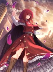 1girl belt black_cape boots brown_belt brown_boots building buttons cape capelet cloud cloudy_sky column falling_petals feet_out_of_frame frilled_capelet frills highres lace-up_boots long_sleeves okazaki_yumemi outdoors outstretched_arms parted_lips petals petticoat pillar red_capelet red_eyes red_hair red_skirt red_vest shirt short_hair side_slit skirt sky smile solo standing sun teruteru12 touhou touhou_(pc-98) vest white_shirt