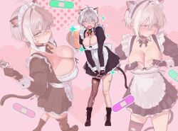 1girl ahoge apron bandaid bandaid_on_face bandaid_on_nose black_dress blush breasts censored cleavage doro_(nikke) dress embarrassed frills gloves goddess_of_victory:_nikke grey_hair hair_intakes highres hintobento large_breasts looking_at_viewer maid maid_apron maid_headdress middle_finger mole mole_on_breast mori_(nikke) multiple_views novelty_censor shiny_skin short_hair single_thighhigh solo standing thighhighs white_apron wrist_cuffs