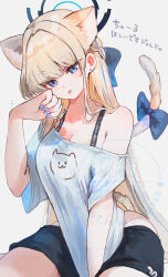 Rule 34 | 1girl, absurdres, alternate costume, animal ear fluff, animal ears, black shorts, blonde hair, blue archive, blue bow, blue eyes, blue nails, bow, braid, cat ears, cat girl, cat tail, extra ears, highres, koyuuuuuuuuuuu, long hair, looking at viewer, official alternate hairstyle, paw pose, shirt, shorts, single bare shoulder, solo, tail, tail bow, tail ornament, toki (blue archive), tongue, tongue out, white shirt
