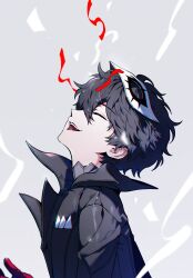 1boy absurdres amamiya_ren black_coat black_hair closed_eyes coat collared_coat from_side gloves grey_background hair_between_eyes head_back highres joker_(persona_5) laughing male_focus mask mask_on_head open_mouth persona persona_5 short_hair sideways_mouth solo teeth themoonrabbit upper_teeth_only