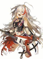 1girl ahoge bare_shoulders blush bodypaint breasts crop_top electric_guitar facepaint fingerless_gloves fingernails gloves grey_eyes grey_hair guitar haro_mikan highres hoshi_syoko idolmaster idolmaster_cinderella_girls instrument long_fingernails long_hair looking_at_viewer multicolored_hair navel open_mouth red_hair sharp_teeth small_breasts solo streaked_hair teeth