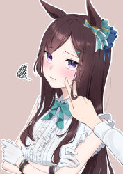 1girl absurdres animal_ears bare_shoulders blue_bow blue_bowtie blush bow bowtie brown_hair cheek_poking closed_mouth commentary_request crossed_arms ear_ornament ears_down frills furrowed_brow gloves hair_ornament hairclip highres horse_ears horse_girl long_hair looking_at_viewer mejiro_dober_(umamusume) poking pout purple_eyes ribbon sayosayo-0 shirt short_sleeves simple_background sleeveless sleeveless_shirt solo_focus squiggle umamusume upper_body very_long_hair white_gloves white_shirt