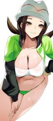 1girl bikini breasts brown_eyes brown_hair cleavage closed_mouth green_jacket harmony_(pokemon) hat highres jacket large_breasts looking_at_viewer navel nintendo open_clothes open_jacket pokemon pokemon_legends:_z-a smile stomach sweat sweatdrop swimsuit white_hat yuuyuu_(yuuki1771)