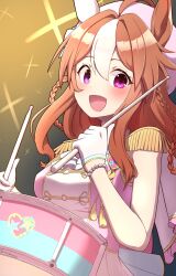1girl :d animal_ears braid brown_hair commentary_request copano_rickey_(umamusume) drum drumsticks ear_covers epaulettes gloves gradient_background hat highres holding holding_drumsticks horse_ears horse_girl instrument medium_hair multicolored_hair official_alternate_costume open_mouth pink_eyes pink_hat single_ear_cover smile solo streaked_hair terumasa_(amanoy) twin_braids umamusume white_gloves white_hair yellow_background