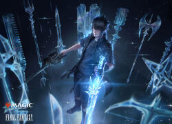 1boy absurdres axe black_boots black_hair black_jacket black_pants boots bow_(weapon) commentary copyright_name crossbow dark_background engine_blade english_commentary final_fantasy final_fantasy_xv floating floating_object floating_weapon glowing glowing_weapon highres holding holding_sword holding_weapon jacket jeremy_chong magic:_the_gathering noctis_lucis_caelum official_art pants polearm shuriken solo spear spiked_hair sword trident weapon