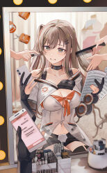 Rule 34 | 1girl, 2others, absurdres, applying another&#039;s makeup, applying makeup, black gloves, black shorts, breasts, brown eyes, brown hair, cleavage, commentary, english commentary, girls&#039; frontline, girls&#039; frontline 2: exilium, gloves, highres, holding, holding phone, k2 (girls&#039; frontline), makeup, makeup brush, multiple others, navel, one side up, partially fingerless gloves, phone, reflection, reflection focus, short shorts, shorts, solo focus, yoohee (girls&#039; frontline 2), zakimpo