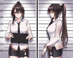 1girl black_necktie black_skirt blood blood_on_clothes blue_eyes breasts brown_hair closed_mouth commission cowboy_shot cuffs dogs_(dlrkdejr26) fingernails from_side hair_between_eyes handcuffs holding holding_sign large_breasts long_hair long_sleeves looking_at_viewer miniskirt mugshot multiple_views necktie original ponytail sign single_hair_intake skirt thigh_strap