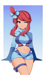 Rule 34 | 1girl, blinking, blue eyes, blue gloves, blue shorts, breasts, crop top, cropped shirt, flower ornament, gloves, highres, large breasts, linefee23, long sleeves, midriff, nintendo, one eye closed, pants, pilot, pilot suit, pokemon, pokemon bw, red hair, short hair, short shorts, shorts, skyla (pokemon), thighs, tight clothes, tight pants