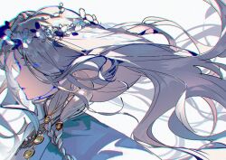 1girl blue_lips blueblossom chromatic_aberration closed_mouth commentary elden_ring elden_ring_nightreign english_commentary floating_hair flower hair_flower hair_ornament portrait revenant_(elden_ring) simple_background solo white_background white_hair