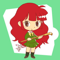 1girl backscratcher bow female_focus highres kabiinyo_(kab) long_hair rabbit red_hair school_uniform simple_background solo