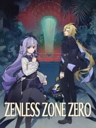 1boy 1girl absurdres ahoge bagboo_(zenless_zone_zero) bangboo_(zenless_zone_zero) black_pants black_shoes blonde_hair bracelet cleaver clothing_cutout commentary copyright_name dress drill_hair english_commentary expressionless highres holding holding_cleaver hugo_vlad indoors jacket jewelry kradebii long_hair long_sleeves looking_at_viewer mole mole_under_eye multiple_rings pants plant pointy_ears real_world_location red_eyes red_sky ring robin_(zenless_zone_zero) shoes sidelocks sky smile vivian_banshee watch water waterfall white_sleeves wristwatch zenless_zone_zero