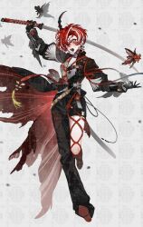 1girl absurdres arm_ribbon asymmetrical_pants belt black_coat black_gloves black_pants black_shoes brown_eyes chinese_commentary coat collared_coat commentary_request creature determined earrings eyelashes floral_print gloves hair_over_one_eye high_collar highres holding holding_sword holding_weapon jewelry juliet_sleeves katana leg_ribbon light_blush long_sleeves looking_at_viewer multicolored_coat multicolored_hair multicolored_shoes open_mouth original over_shoulder pants puffy_sleeves quan_1919 red_belt red_coat red_hair red_ribbon red_shoes ribbon shirt shoes short_hair simple_background solo streaked_hair stud_earrings sword tachi-e tassel teeth turtleneck turtleneck_shirt two-sided_coat two-sided_fabric two-tone_coat two-tone_shoes weapon weapon_over_shoulder white_background white_hair white_shirt