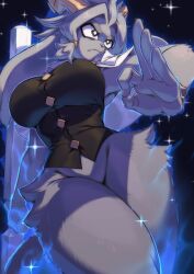 1girl animal_ears animal_nose antlers black_eyes black_vest body_fur bottomless breasts bright_pupils bursting_breasts buttons capelet closed_mouth commentary cowboy_shot curvy english_commentary from_below furry furry_female grey_fur grey_hair holding holding_weapon horns koi_drake large_breasts looking_ahead pseudoregalia rabbit_ears serious solo sybil_(pseudoregalia) tail thick_thighs thighs vest weapon white_capelet white_pupils