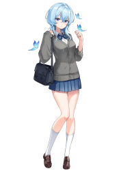 1girl absurdres alternate_costume bag blue_bow blue_bowtie blue_butterfly blue_hair blue_skirt blush bow bowtie breasts brown_shoes bug butterfly butterfly_on_hand cardigan collared_shirt colored_eyelashes commentary grey_cardigan hair_between_eyes hand_up highres insect koy_(4767269) loafers long_hair looking_at_viewer medium_breasts parted_lips purple_eyes red_pupils school_bag school_uniform shirt shoes shorekeeper_(wuthering_waves) simple_background skirt socks solo white_background white_shirt white_socks wuthering_waves