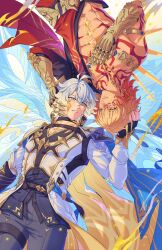2boys abs antenna_hair arm_tattoo armlet armor black_coat black_pants black_shirt blonde_hair blue_cape blue_eyes braid cape chest_tattoo clawed_gauntlets coat commentary cracked_skin earrings facial_tattoo gold_earrings gold_necklace gradient_hair hair_between_eyes hand_on_another&#039;s_head highres honkai:_star_rail honkai_(series) jewelry looking_at_another male_focus medium_hair multicolored_hair multiple_boys mydei_(honkai:_star_rail) neck_tattoo necklace open_clothes open_coat pants pauldrons phainon_(honkai:_star_rail) red_cape red_hair red_tattoo salmonfordinner shirt short_hair shoulder_armor side_braid side_cape single_pauldron sun_symbol sun_tattoo tan tattoo thigh_strap toned toned_male white_coat white_hair yellow_blood yellow_eyes