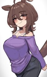 1girl absurdres agnes_tachyon_(umamusume) ahoge animal_ears arms_behind_back bare_shoulders black_pants blush breasts brown_hair earrings hair_between_eyes highres horse_ears horse_girl horse_tail iog626 jewelry looking_at_viewer medium_hair necklace official_alternate_costume pants purple_shirt red_eyes shirt single_earring smile solo standing tail umamusume white_background wolf_cut