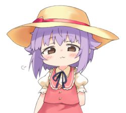 1girl :3 blush bow brown_eyes chibi closed_mouth female_focus hat hat_bow hat_ribbon idolmaster idolmaster_cinderella_girls koshimizu_sachiko looking_at_viewer morune puffy_short_sleeves puffy_sleeves purple_hair red_bow red_ribbon ribbon short_hair short_sleeves solo sun_hat upper_body