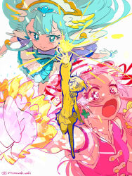 3girls arm_up atari_(atamawaki_waki) bare_legs bare_shoulders beads blonde_hair blue_eyes blue_hair blue_wrist_cuffs blush bright_pupils circlet clenched_hands closed_mouth clover_earrings commentary_request cone_hair_bun cropped_legs crying crying_with_eyes_open cure_ange cure_yell detached_sleeves determined double_bun dress floating_clothes floating_hair four-leaf_clover_earrings frilled_dress frilled_shirt frilled_wrist_cuffs frills full_body glowing hair_beads hair_bun hair_ornament hair_ribbon hairband heart heart_hair_ornament highres hood hood_down hooded_jacket hugtto!_precure jacket kagayaki_homare kneehighs knees leaning_forward long_hair long_sleeves looking_at_object looking_at_viewer magic magical_girl makeup mascara medium_dress miniskirt multiple_girls nono_hana open_mouth outstretched_arm pink_eyes pink_hair pink_shirt pink_sleeves pleated_skirt poster_(medium) precure puffy_short_sleeves puffy_sleeves punching reaching red_ribbon ribbon shirt shoes short_hair short_sleeves skirt sleeveless sleeveless_shirt sneakers socks tareme teardrop tears twitter_username upper_body very_long_hair white_background white_dress white_hairband white_pupils wing_hair_ornament worried wrist_cuffs yakushiji_saaya yellow_eyes yellow_jacket yellow_shoes yellow_skirt yellow_socks yellow_wrist_cuffs