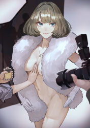 1girl aegyo_sal bob_cut bottle breasts camera commentary_request covered_erect_nipples covered_pussy elbow_gloves feather_boa fur_shawl gloves green_hair hair_intakes highres holding holding_bottle holding_camera idolmaster idolmaster_cinderella_girls jewelry kaoming medium_breasts mole mole_under_eye naked_gloves naked_shawl navel necklace reflector_(photography) shawl short_hair silhouette solo_focus stomach studio takagaki_kaede white_gloves