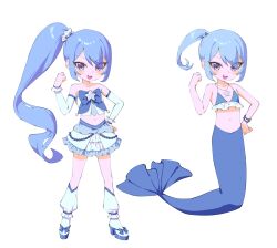 :d absurdres bare_arms bare_shoulders bikini blue_bikini blue_bow blue_eyes blue_hair blue_shoes blue_skirt blush bow bracelet cropped_shirt detached_sleeves footwear_bow frilled_bikini frilled_skirt frilled_socks frills hair_ornament hair_scrunchie hand_on_own_hip hand_up highres jewelry legs_apart looking_at_viewer loose_socks medium_hair mermaid midriff miniskirt monster_girl multicolored_shoes navel necklace open_mouth original pearl_bracelet scrunchie shirt shoes side_ponytail skirt sleeveless sleeveless_shirt smile socks star_(symbol) star_necklace swimsuit teeth two-tone_shoes two-tone_skirt upper_teeth_only v-shaped_eyebrows wavy_hair white_scrunchie white_shirt white_shoes white_skirt white_sleeves white_socks yu1_na12