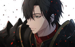 1boy armor black_armor black_hair closed_mouth commentary_request embers grey_eyes hair_over_one_eye highres korean_commentary looking_ahead mabinogi male_focus one_eye_covered parted_bangs pauldrons ray_(lthenray) red_shirt shirt short_hair shoulder_armor solo upper_body vayne_(mabinogi) white_background