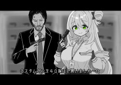 black_bow black_suit blue_archive bow breasts formal_clothes green_eyes gun hair_bun handgun highres john_wick john_wick_(character) kkytama0222 large_breasts necktie nonomi_(blue_archive) suit weapon
