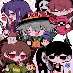 1boy 4girls absurdres black_hair black_hat blue_hair blush brown_hair chara_(undertale) chibi closed_eyes collar crossover doki_doki_literature_club drooling english_text finger_to_mouth flowey_(undertale) frilled_collar frilled_sleeves frills green_hair hat highres holding holding_knife index_finger_raised knife komeiji_koishi light_bulb looking_ahead looking_at_viewer madotsuki mouth_drool multiple_girls omori open_mouth red_hair ribbon shirt smile third_eye touhou undertale w.d._gaster yellow_ribbon yellow_shirt yume_nikki yuri_(doki_doki_literature_club) zunusama