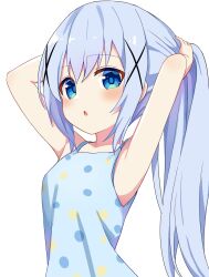 1girl :o alternate_costume alternate_hairstyle armpits arms_behind_head bare_shoulders blue_camisole blue_eyes blue_hair blue_pupils blush bunching_hair camisole child commentary_request gochuumon_wa_usagi_desu_ka? hair_ornament highres holding holding_own_hair kafuu_chino long_hair open_mouth polka_dot polka_dot_camisole ponytail poteto_furai sidelocks simple_background solo straight_hair upper_body very_long_hair white_background x_hair_ornament