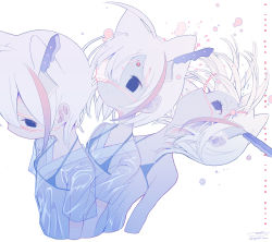 1girl afterimage ahoge animal_ears bikini bikini_under_clothes blood blue_eyes cat_ears collarbone commentary cropped_torso death english_text expressionless extra_ears eyepatch falling floating_hair gunshot_wound halterneck headshot highres japanese_clothes kimono knife_in_head limited_palette looking_away medical_eyepatch micro_bikini multicolored_hair object_through_head one_eye_covered original outo_eguchi see-through_clothes see-through_kimono short_hair short_sleeves signature simple_background solo streaked_hair string_bikini swimsuit symbol-only_commentary twitter_username upper_body white_background white_hair