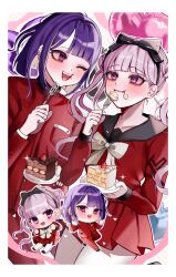 1boy 1girl black_bow black_hairband black_headband black_shoes blush border bow brother_and_sister cake chibi chibi_inset closed_mouth collarbone ear_piercing earrings eyelashes food food_on_face fork hair_bow hairband headband heart holding holding_fork holding_plate jewelry long_hair looking_at_another one_eye_closed open_mouth pants piercing pink_eyes pink_hair plate pleated_skirt purple_hair red_pants red_shirt red_skirt shirt shoes siblings skirt teeth the_hundred_line_-last_defense_academy- tongue tsukumo_ima tsukumo_kako twins twintails upper_teeth_only white_border white_bow