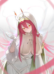 1girl absurdres arknights ascalon_(arknights) ascalon_(phototaxis)_(arknights) breast_curtains breasts ciexbiet closed_mouth commentary_request dress gloves highres large_breasts long_hair nun official_alternate_costume orange_eyes purple_hair solo underboob veil white_background white_dress white_gloves white_veil