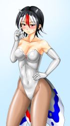 1girl bare_shoulders black_hair black_pantyhose blue_background blush breasts cleavage collarbone cosplay covered_navel creatures_(company) elbow_gloves female_focus frown game_freak gen_1_pokemon gloves goldeen goldeen_(cosplay) grey_horns hair_between_eyes hand_on_own_hip horns kijin_seija kudou_(ooabareteng) leotard medium_breasts misty_(pokemon) misty_(pokemon)_(cosplay) multicolored_hair nintendo pantyhose pokemon pokemon_(anime) pokemon_(classic_anime) pokemon_ep043 red_eyes red_hair scratching_cheek solo standing strapless strapless_leotard streaked_hair sweatdrop touhou white_gloves white_hair