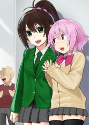 Rule 34 | 1boy, 2girls, :d, black legwear, blonde hair, brown hair, cardigan, collared shirt, commentary request, contemporary, dust (konosuba), green eyes, green jacket, green neckwear, grey skirt, hands up, highres, izawa (bhive003), jacket, kono subarashii sekai ni shukufuku wo!, lean (konosuba), long sleeves, medium hair, miniskirt, multiple girls, open mouth, pink eyes, pink hair, ponytail, shinjin succubus (konosuba), shirt, short hair, skirt, sleeves past wrists, smile, teeth, thighhighs, upper teeth only, zettai ryouiki
