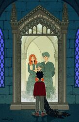 1girl 2boys artist_name black_coat black_dress black_hair brick_wall child closed_eyes coat collared_shirt couple different_reflection dress family father_and_son glasses hand_on_another&#039;s_shoulder harry_potter harry_potter_(series) helen_jee highres holding_cloak husband_and_wife james_potter lily_evans long_hair messy_hair mirror_of_erised mother_and_son multiple_boys pajamas pants parent_and_child parted_bangs red_hair red_sweater reflection round_eyewear scar scar_on_face scar_on_forehead scarf shirt short_hair slippers smile standing striped_clothes striped_pajamas striped_pants sweater wavy_hair white_scarf white_shirt window wizarding_world