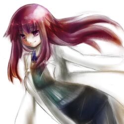 Rule 34 | 1girl, black skirt, blue shirt, breasts, closed mouth, commentary request, cowboy shot, dutch angle, grey sweater, highres, lab coat, large breasts, long hair, long sleeves, mon-musu quest!, pantyhose, pencil skirt, petitripple, promestein, red eyes, red hair, shirt, shirt under sweater, sidelocks, simple background, skirt, smile, solo, standing, sweater, very long hair, white background