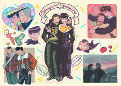Rule 34 | 2boys, :d, absurdres, anchor symbol, arm on another&#039;s shoulder, banknote, black jacket, black pants, black shirt, blush, bomber jacket, character name, chibi, chibi inset, cleavage cutout, closed eyes, clothing cutout, cuddling, diamond wa kudakenai, dollar sign, dotted background, drawn star, drooling, drop shadow, food, gakuran, green eyes, green jacket, green pants, grey hoodie, heart ornament, higashikata josuke, highres, hood, hoodie, ice cream, ice cream cone, jacket, jojo no kimyou na bouken, licking, licking food, low ponytail, male focus, money, multicolored hair, multiple boys, multiple views, nijimura okuyasu, open mouth, pants, photo (object), pillow, ponytail, school uniform, shirt, short ponytail, sleeping, smile, star (symbol), sticker, striped clothes, striped shirt, t 0nd, tomato, two-tone hair, v, white shirt, yaoi, yellow shirt, yen sign
