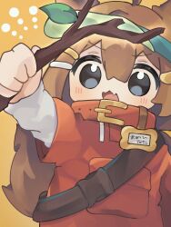 1girl ahoge animal_ears black_eyes blush branch brown_hair fang grey_eyes hair_between_eyes hair_ornament hairclip highres holding holding_branch holding_stick layered_sleeves long_hair long_sleeves looking_at_viewer mamehinata mochiyama_kingyo momijitoi open_mouth red_shirt shirt short_over_long_sleeves short_sleeves simple_background skin_fang solo stick upper_body visor_cap vrchat white_shirt yellow_background
