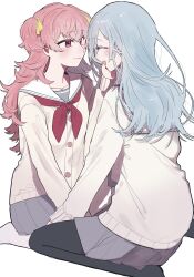 2girls black_pantyhose blue_hair cardigan closed_eyes closed_mouth commentary fang grey_skirt hair_ribbon hand_on_another&#039;s_face highres hinomori_shizuku long_sleeves looking_at_another momoi_airi motoma0505 multiple_girls neckerchief open_mouth pantyhose pink_eyes pink_hair pleated_skirt project_sekai red_neckerchief ribbon sailor_collar seiza simple_background sitting skin_fang skirt smile symbol-only_commentary two_side_up white_background white_cardigan white_sailor_collar yellow_ribbon yuri