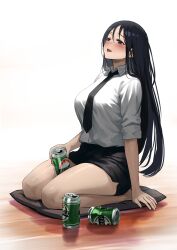 Rule 34 | 1girl, alcohol, beer, beer can, black hair, black necktie, blush, breasts, brown eyes, can, commentary request, drink can, drunk, highres, holding, holding can, jchoy, large breasts, long hair, looking up, necktie, open mouth, original, pencil skirt, seiza, shirt, sitting, skirt, smile, white shirt