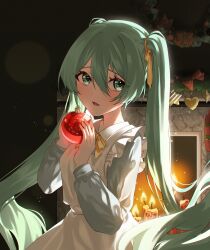 1girl absurdres alternate_eye_color alternate_hair_color apron candle christmas christmas_ornaments double-parted_bangs fire fireplace green_eyes green_hair green_sleeves hair_between_eyes hair_ornament hair_ribbon hatsune_miku heart highres holding indoors light_particles lolita_fashion long_sleeves looking_to_the_side lower_teeth_only maid_apron meraring open_mouth ribbon shadow solo teeth twintails upper_body vocaloid white_apron wreath yellow_ribbon